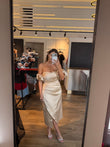 Rochie Amira midi din satin cu falduri in talie si mâneci bufante detașabile