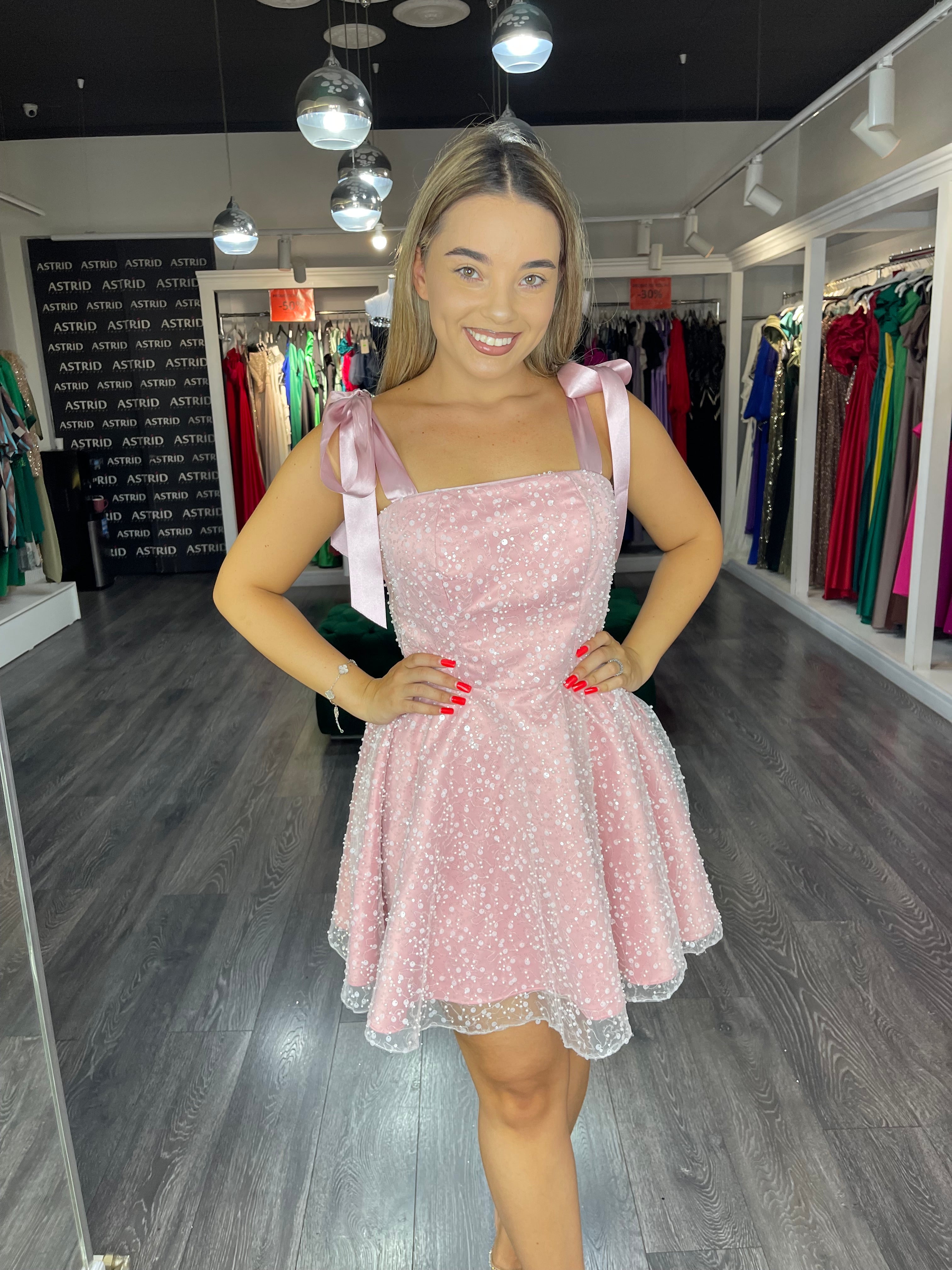 Rochie Amina scurta, roz, babydoll, bretele late
