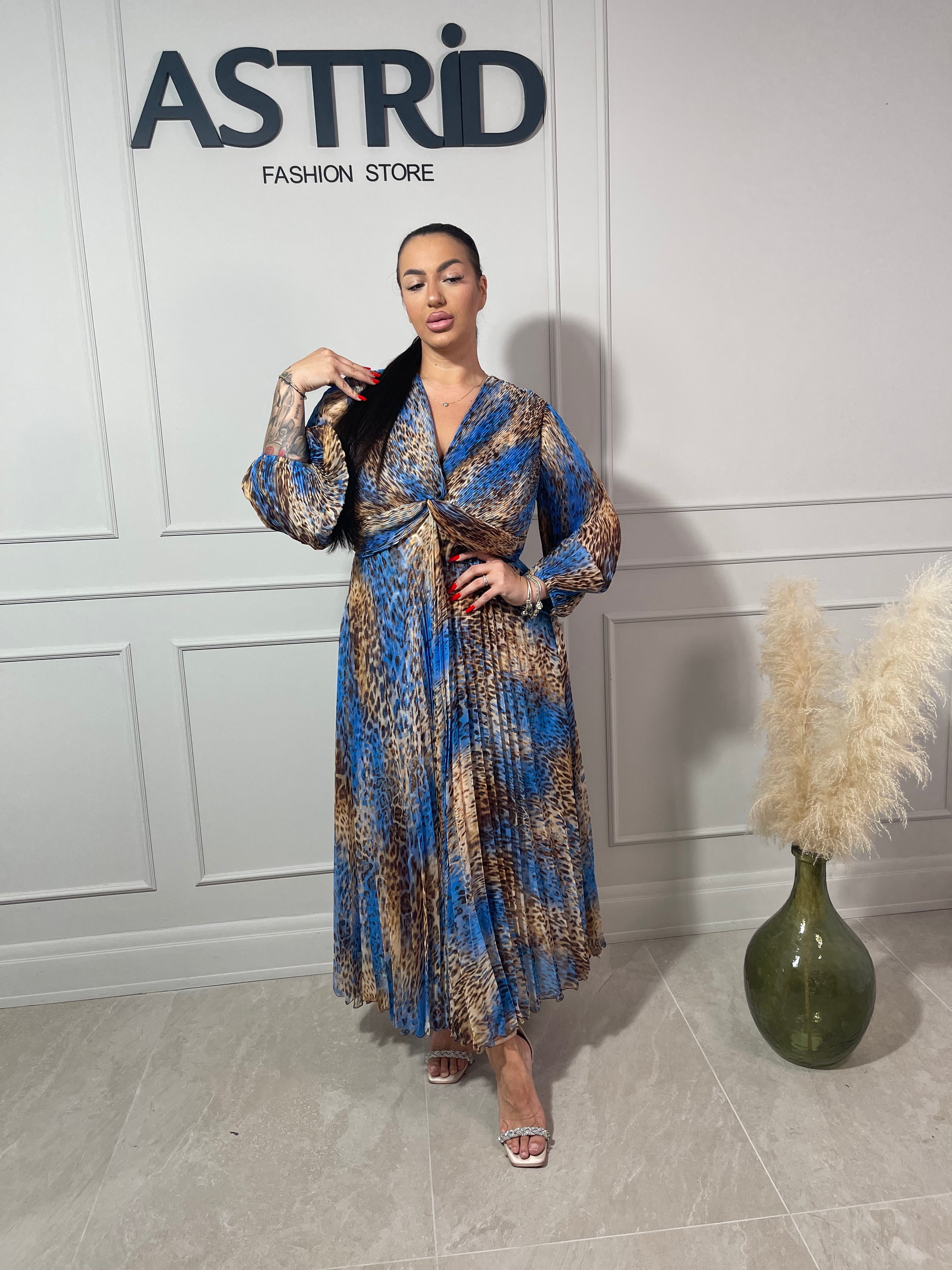 Rochie Naba lungă plisată cu imprimeu leopard