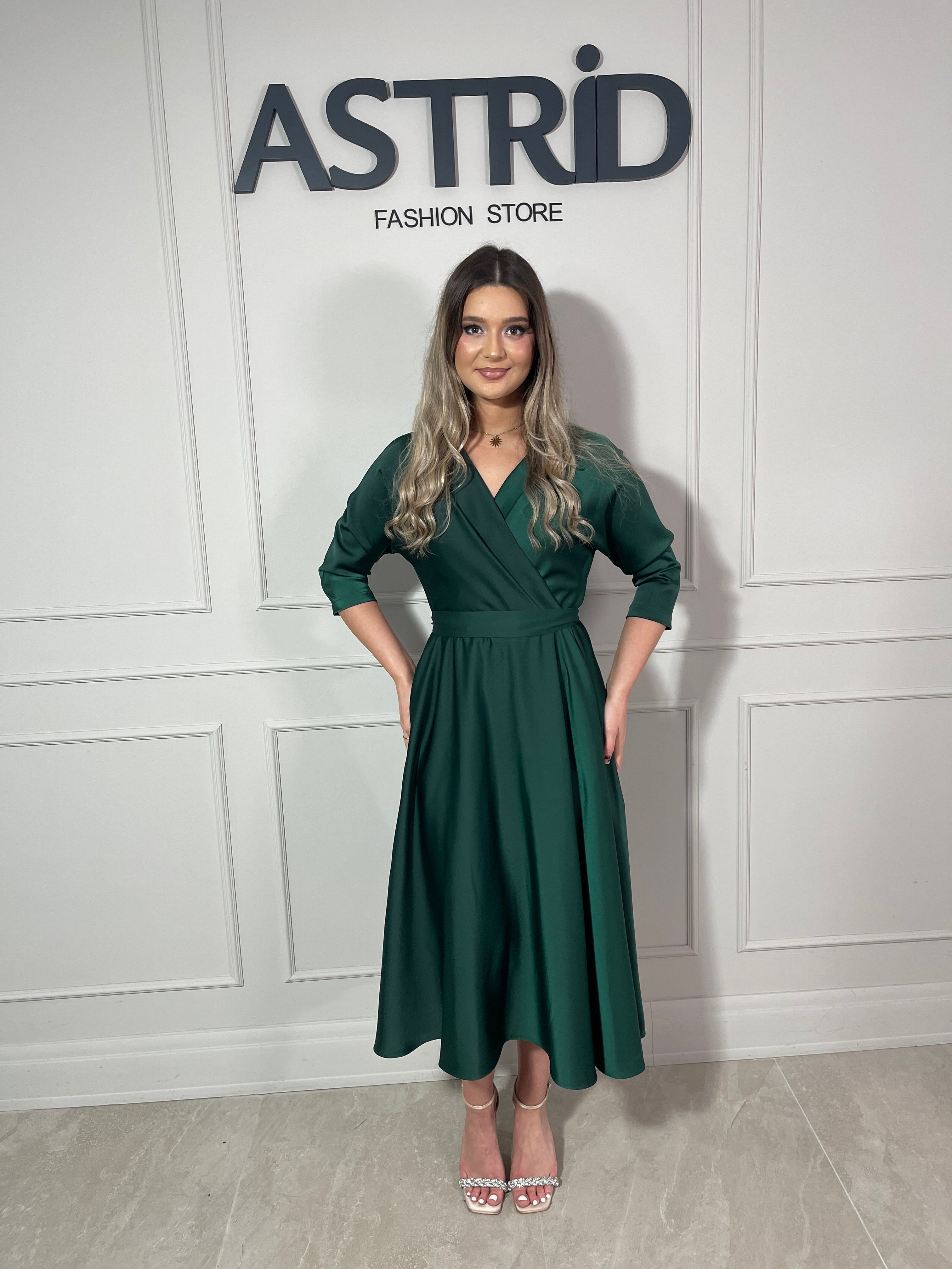 Rochie Dora midi din satin cu cordon în talie