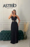 Rochie Darcie lunga neagra din mătase naturală si talie accesorizata cu flori
