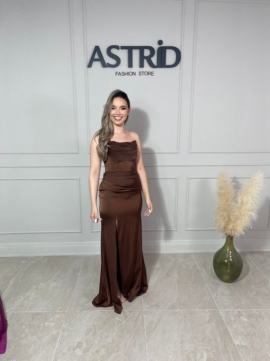 Rochie Alice lungă falduri la bust și talie crăpătură pe picior