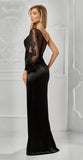 Rochie Even lunga, neagra, fusta din tafta, o maneca lunga, bust cu insertii de dantela