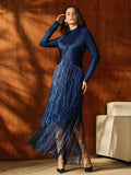 Rochie Edwina midi din bandaj cu maneca lunga si franjuri