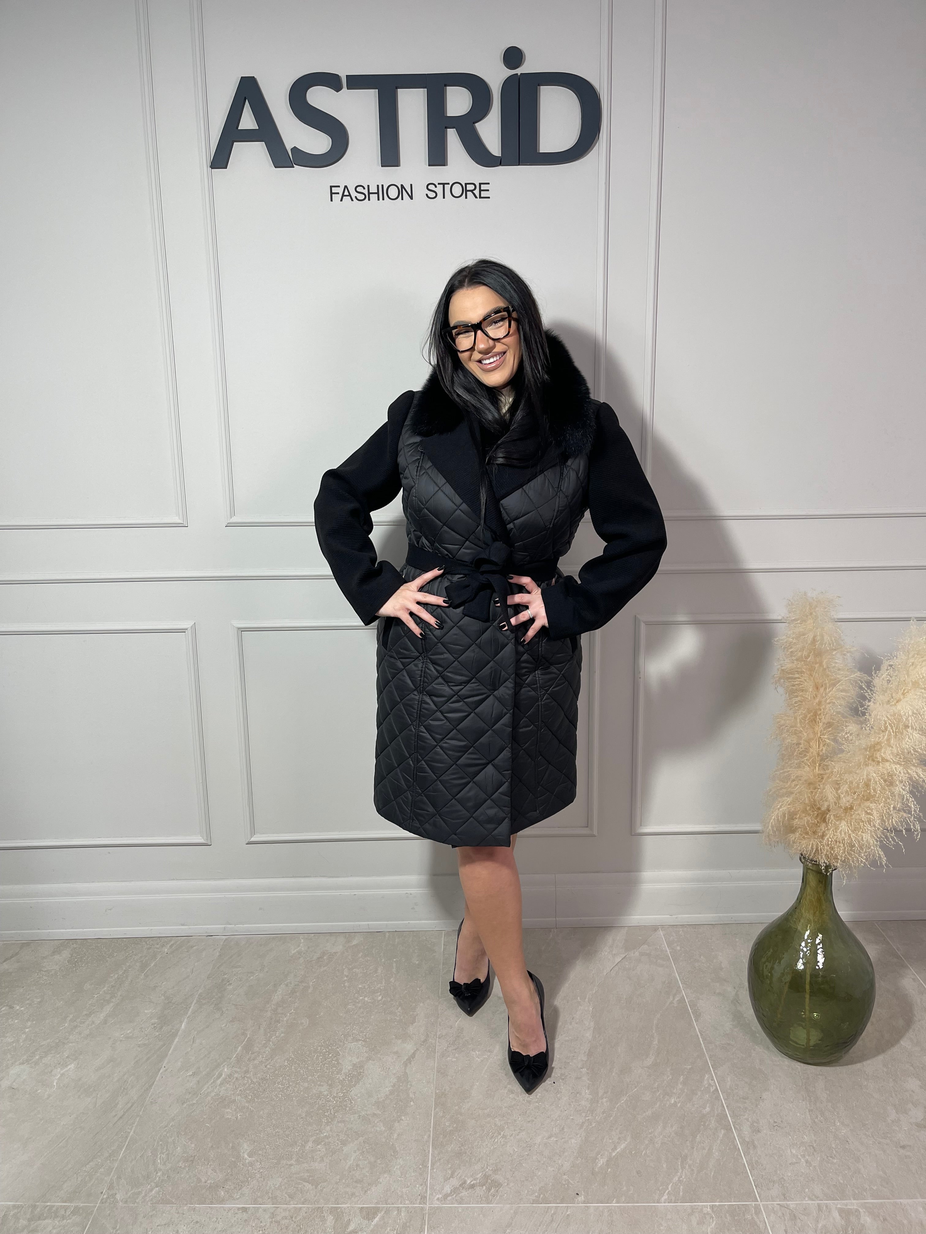 Palton Olivia combinație fâș și stofă