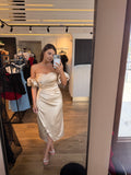 Rochie Amira midi din satin cu falduri in talie si mâneci bufante detașabile