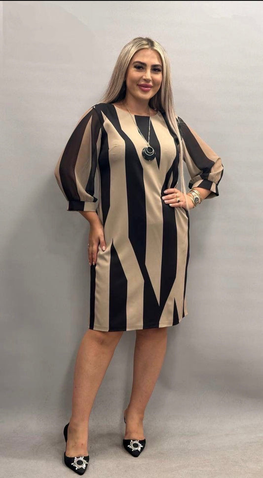 Rochie Elena midi cu dungi și mânecă din voal