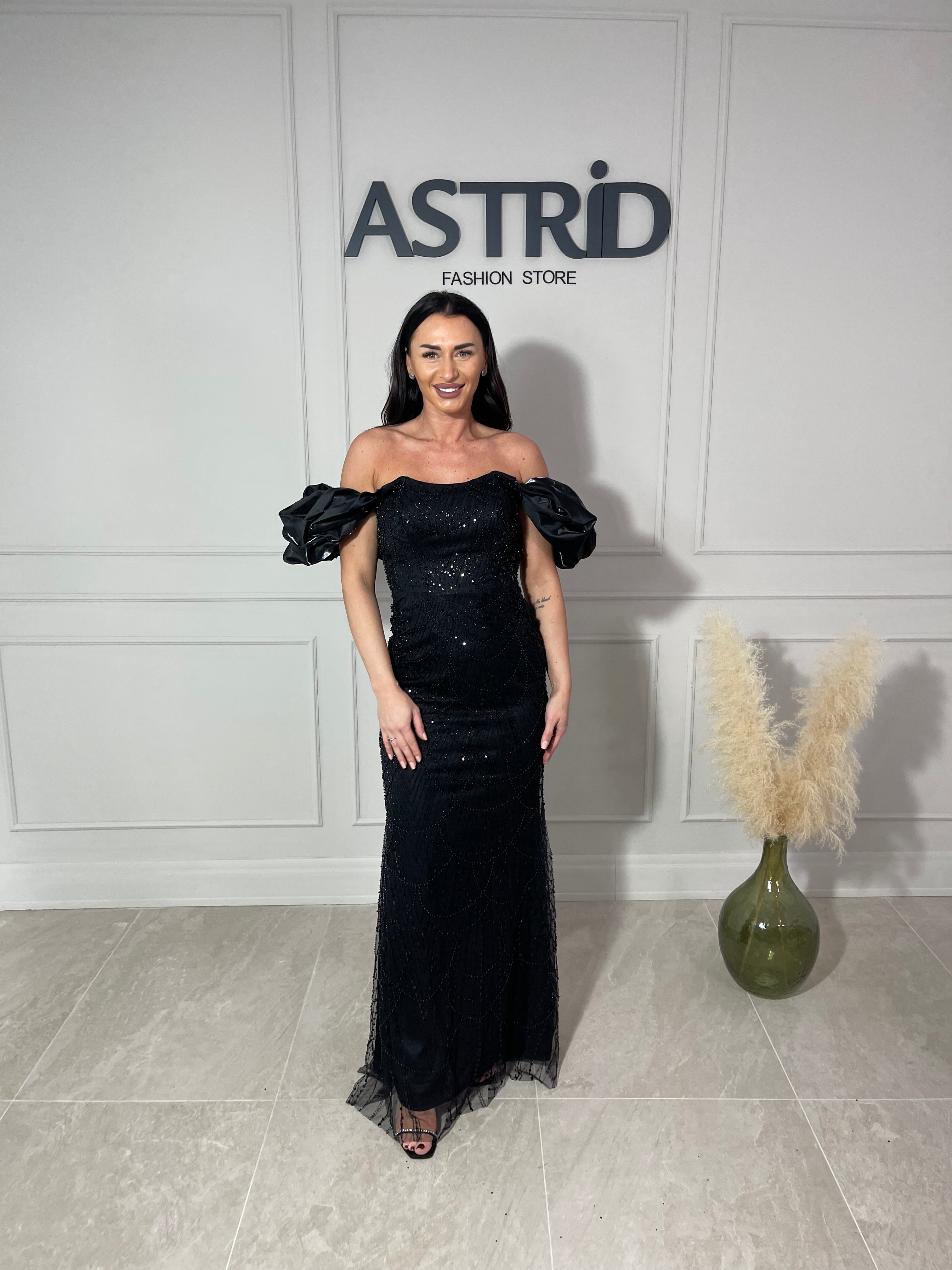 Rochie Amelie lungă din paiete cu mânecă bufantă