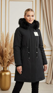 Geaca Bria lungă neagră cu glugă și reglabilă în talie