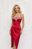 Rochie Rossie midi cu falduri si bust accesorizat cu pietre argintii