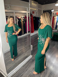 Rochie Rebeca midi pe corp mânecă din voal și aplicații pietre la talie