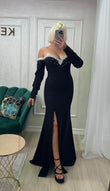 Rochie Nely lunga cu maneci tip barcuta si aplicatii perle albe