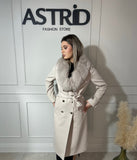 Palton Diandra lung din cașmir cu nasturi aurii și blană naturală