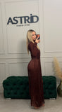 Rochie Edwina midi din bandaj cu maneca lunga si franjuri