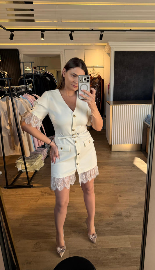 Rochie Glam aplicații dantelă și nasturi aurii curea în talie