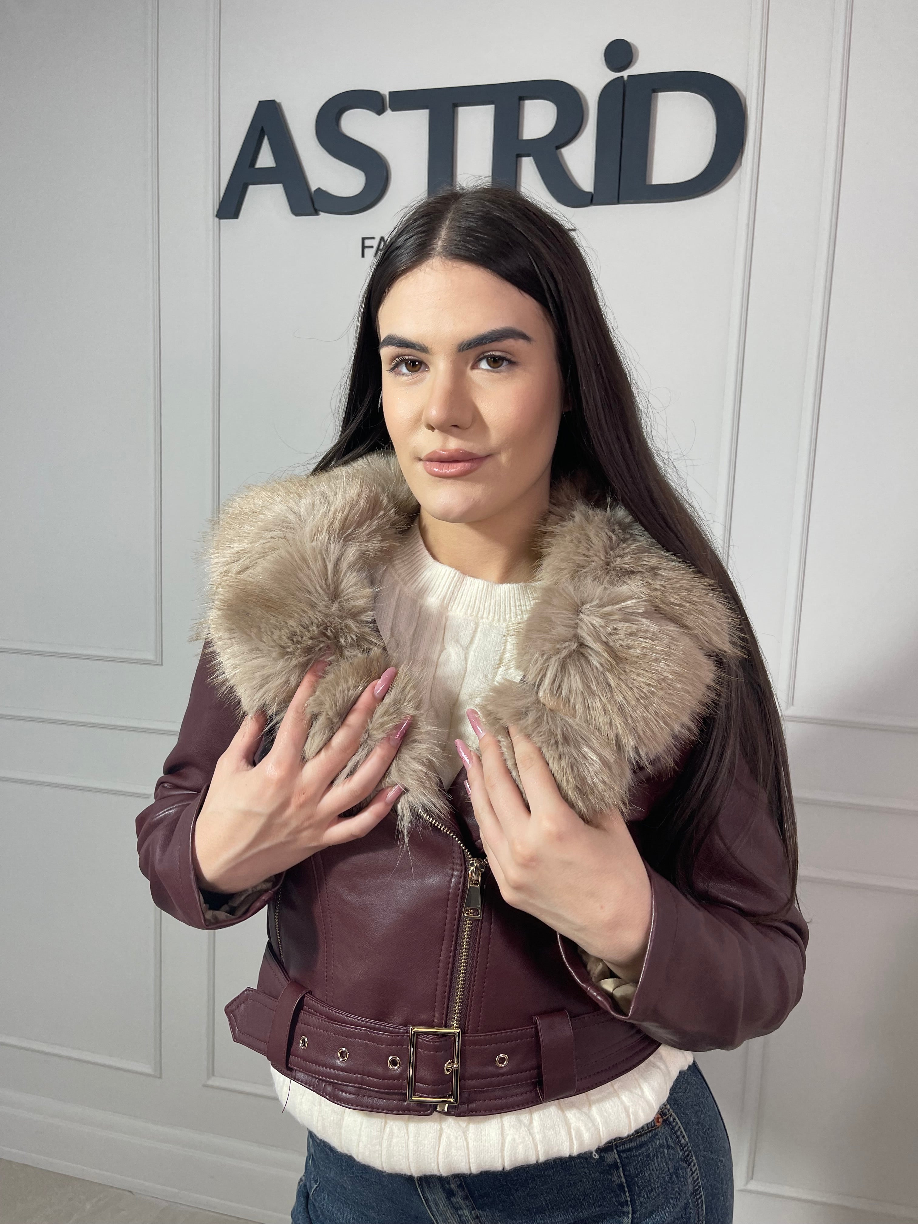 Geaca Sofi din piele eco guler blăniță și curea în talie