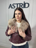 Geaca Sofi din piele eco guler blăniță și curea în talie