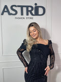 Rochie Mary lungă din paiete aplicații sclipici și mânecă lungă