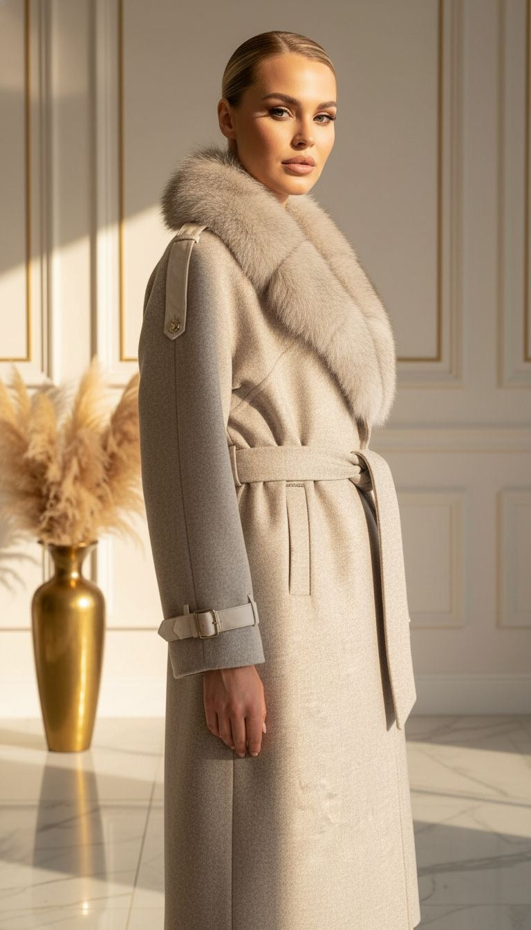 Palton Siena lung din cașmir cu blană naturală și catarame la mânecă