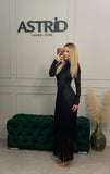 Rochie Edwina midi din bandaj cu maneca lunga si franjuri