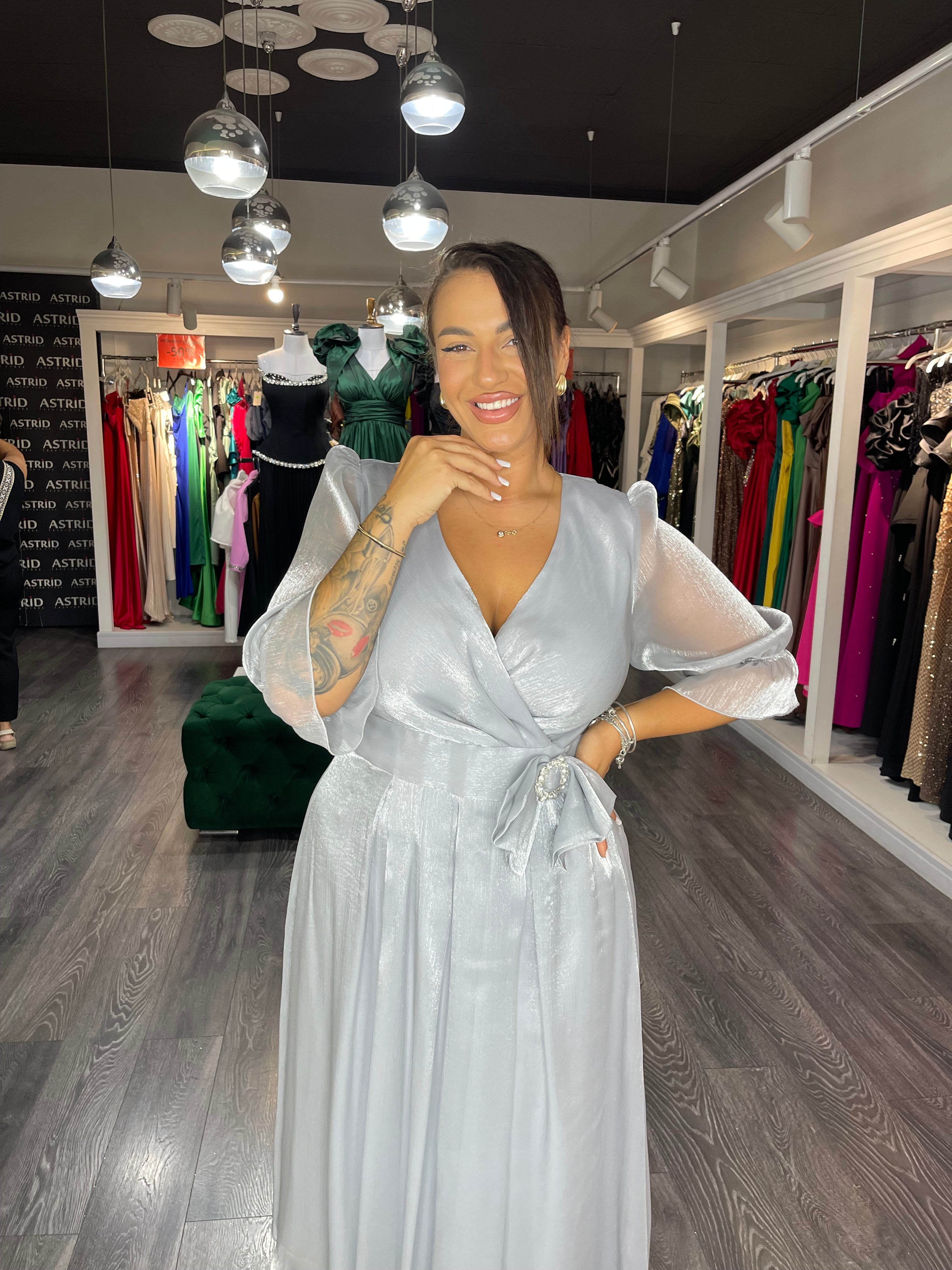 Rochie Carie midi în cloș mânecă 3/4 floare în talie