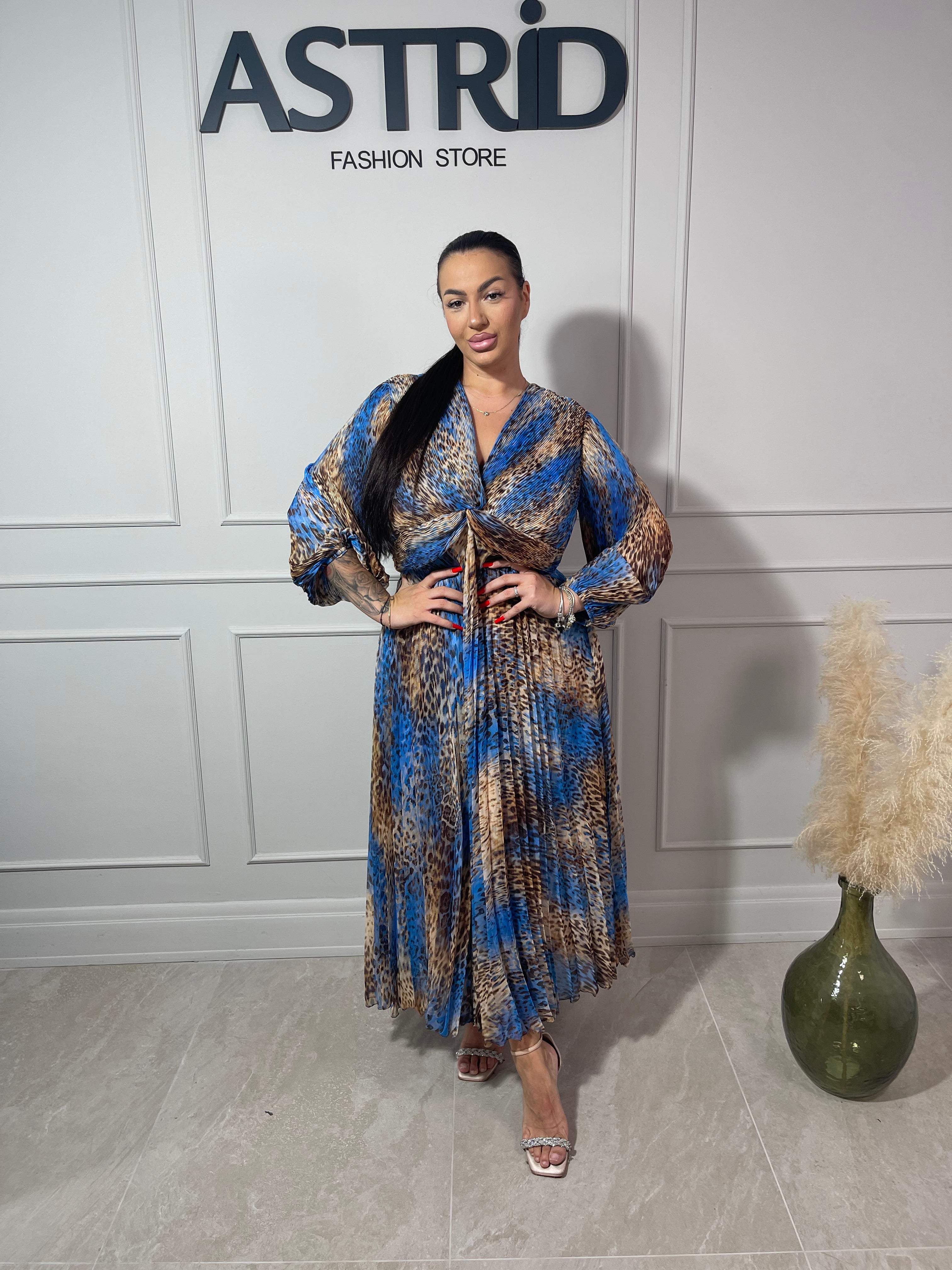 Rochie Naba lungă plisată cu imprimeu leopard