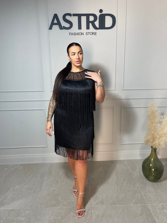 Rochie Amelia midi neagră cu aplicații biluțe la bust și franjuri