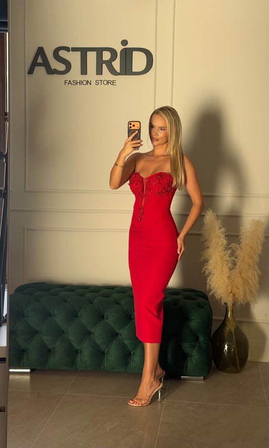 Rochie Amanda midi cu aplicatii pietre bust si manusi