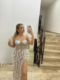 Rochie Elsa midi tip corset crapatura pe picior cu aplicatii pietre si pene.