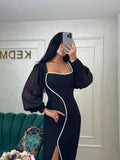 Rochie Nadine midi neagra cu maneci din voal
