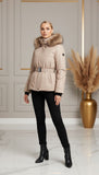 Geaca Sofia cordon în talie și glugă accesorizată cu blană