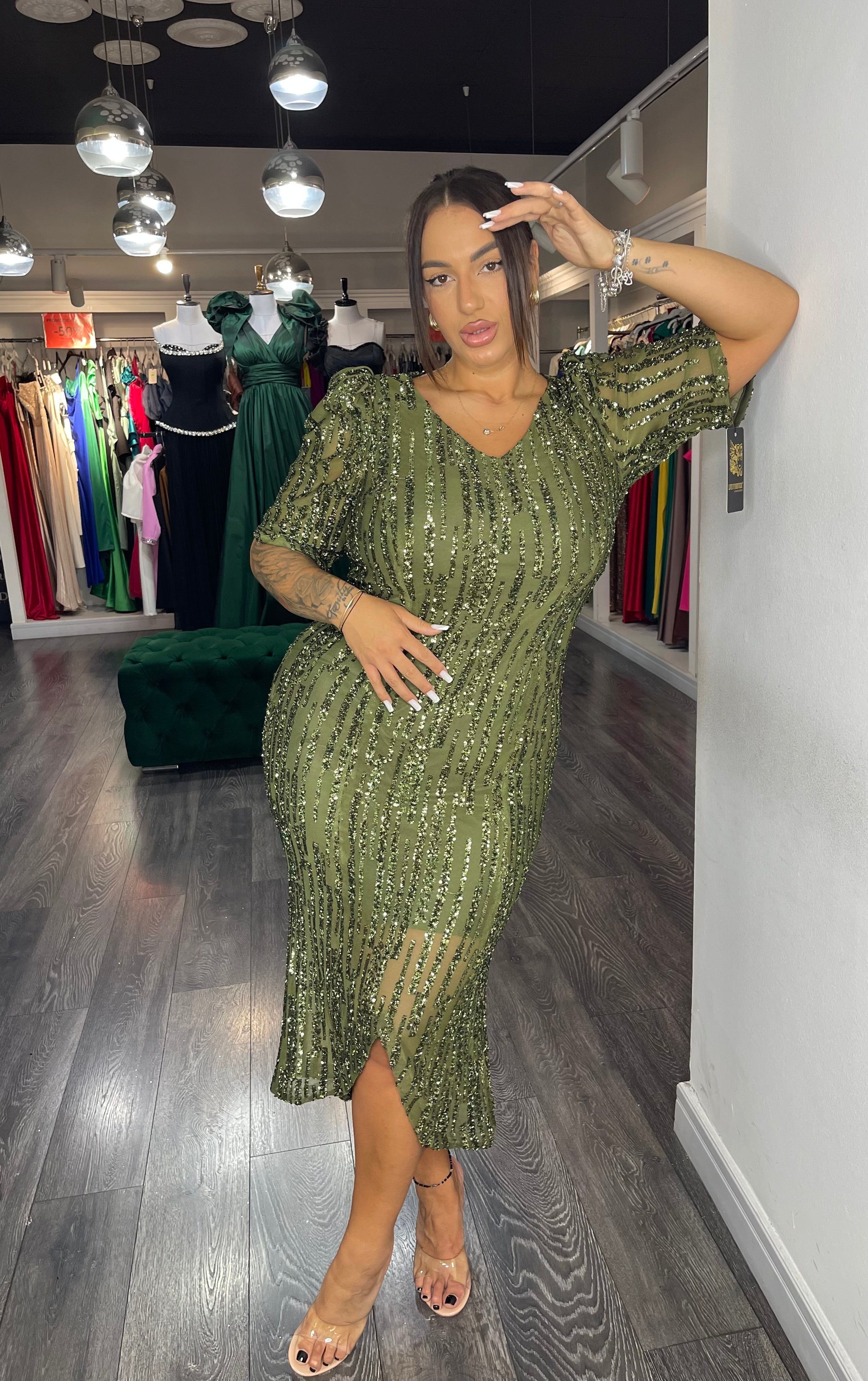 Rochie Elena midi din paiete mânecă 3/4