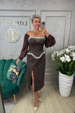Rochie Polly midi cu aplicatii perle si maneci din voal