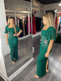Rochie Rebeca midi pe corp mânecă din voal și aplicații pietre la talie