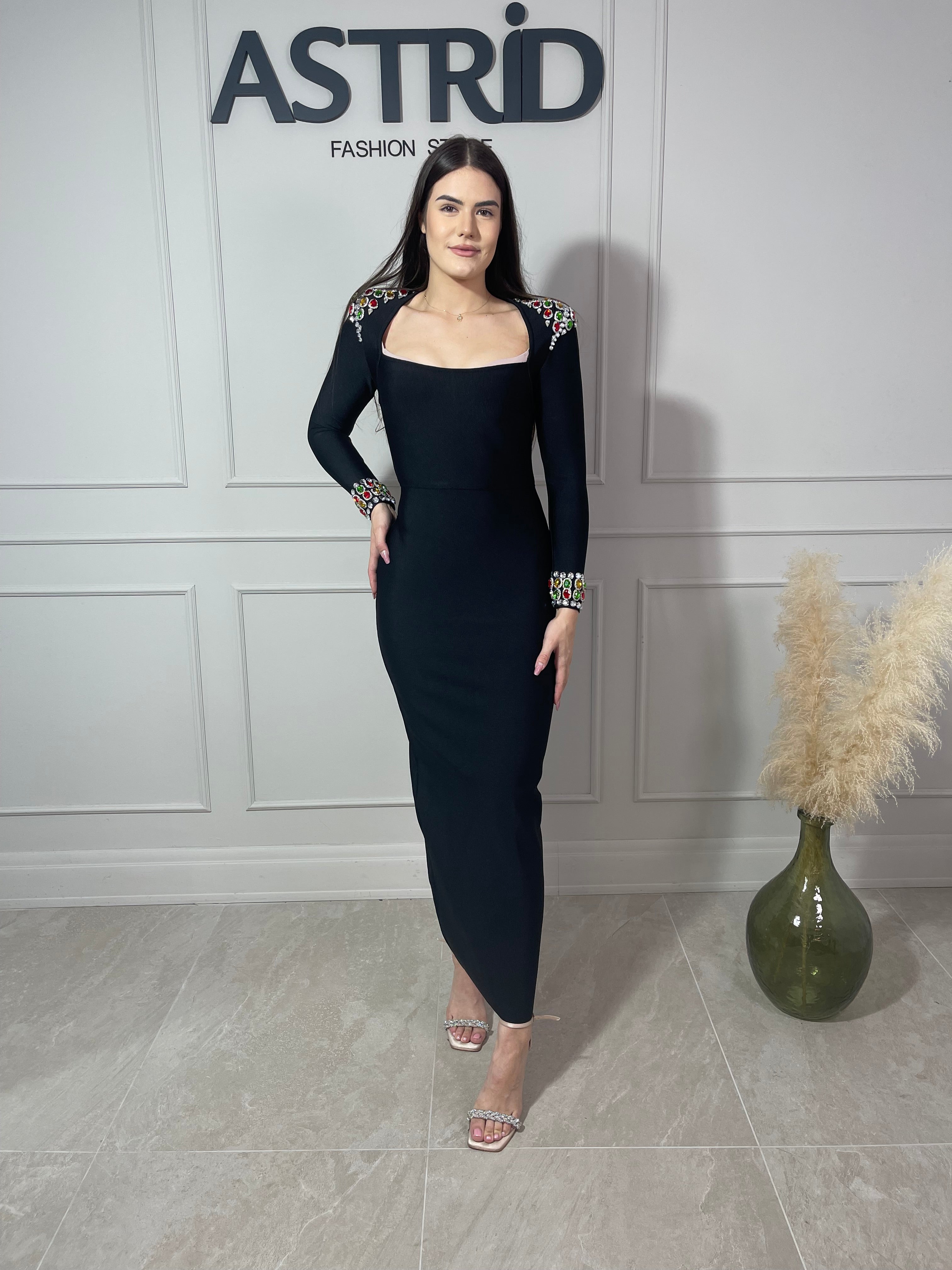 Rochie Maya lungă tip bandaj mânecă lungă și aplicații pietre colorate