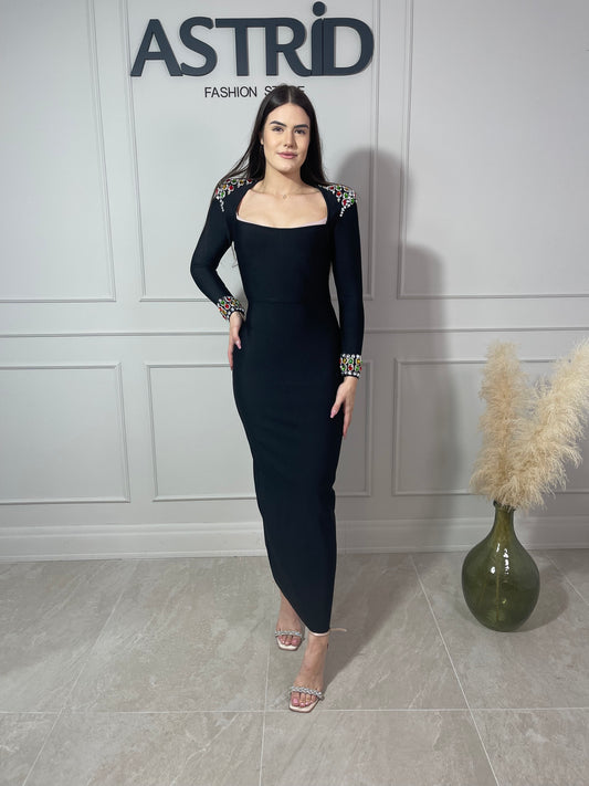 Rochie Maya lungă tip bandaj mânecă lungă și aplicații pietre colorate