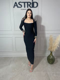 Rochie Maya lungă tip bandaj mânecă lungă și aplicații pietre colorate