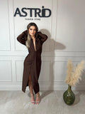 Rochie Kleo midi nod talie mânecă lungă cu volane și guler