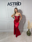 Rochie Eliana lungă din satin pietre la bust și mâneci detașabile