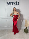 Rochie Eliana lungă din satin pietre la bust și mâneci detașabile