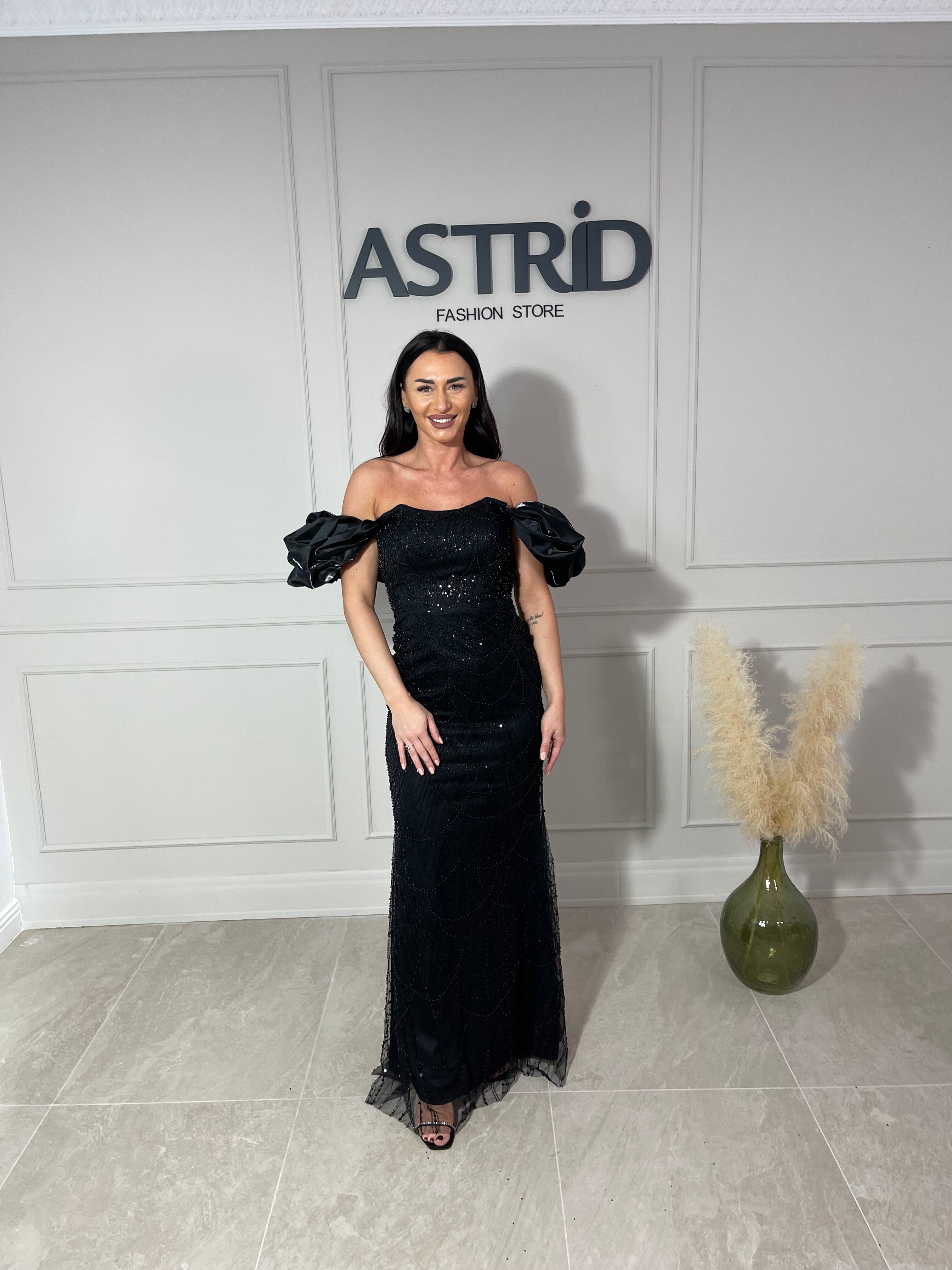 Rochie Amelie lungă din paiete cu mânecă bufantă