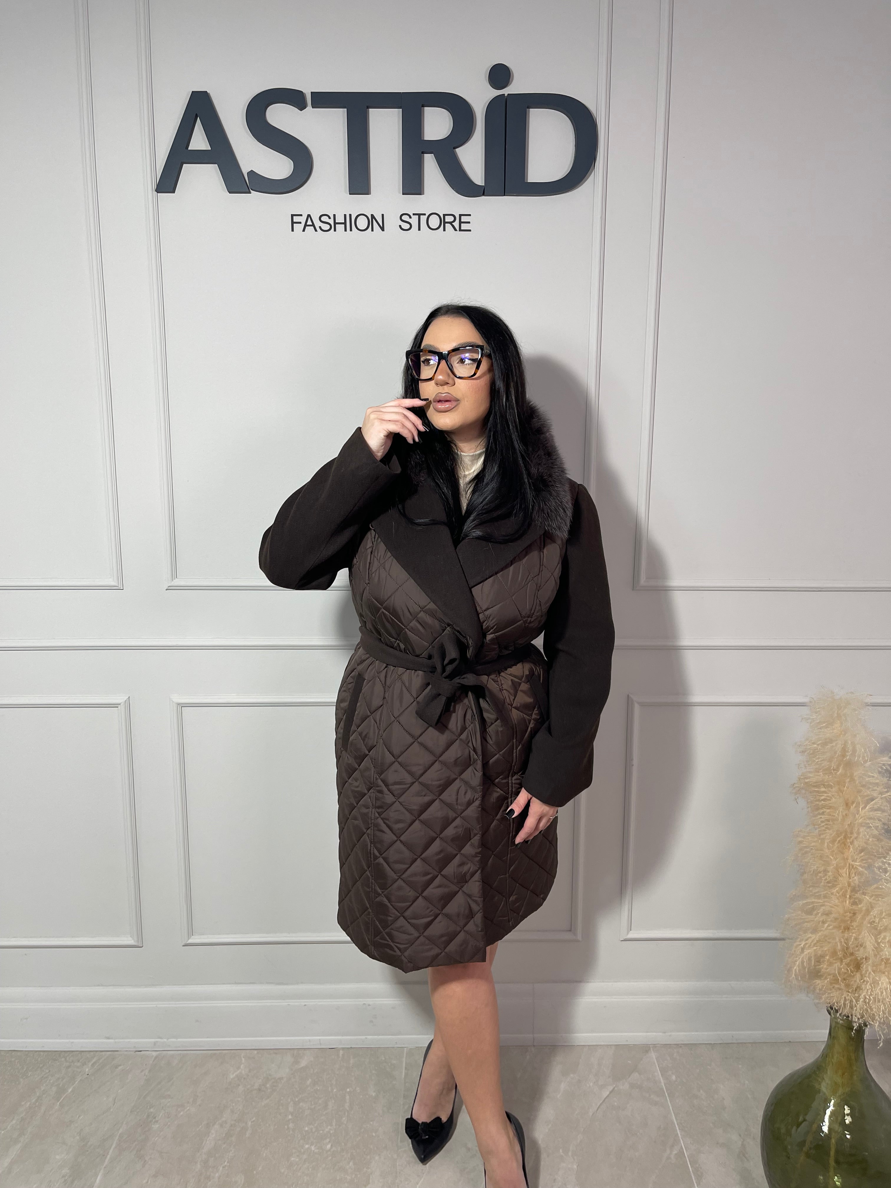 Palton Olivia combinație fâș și stofă