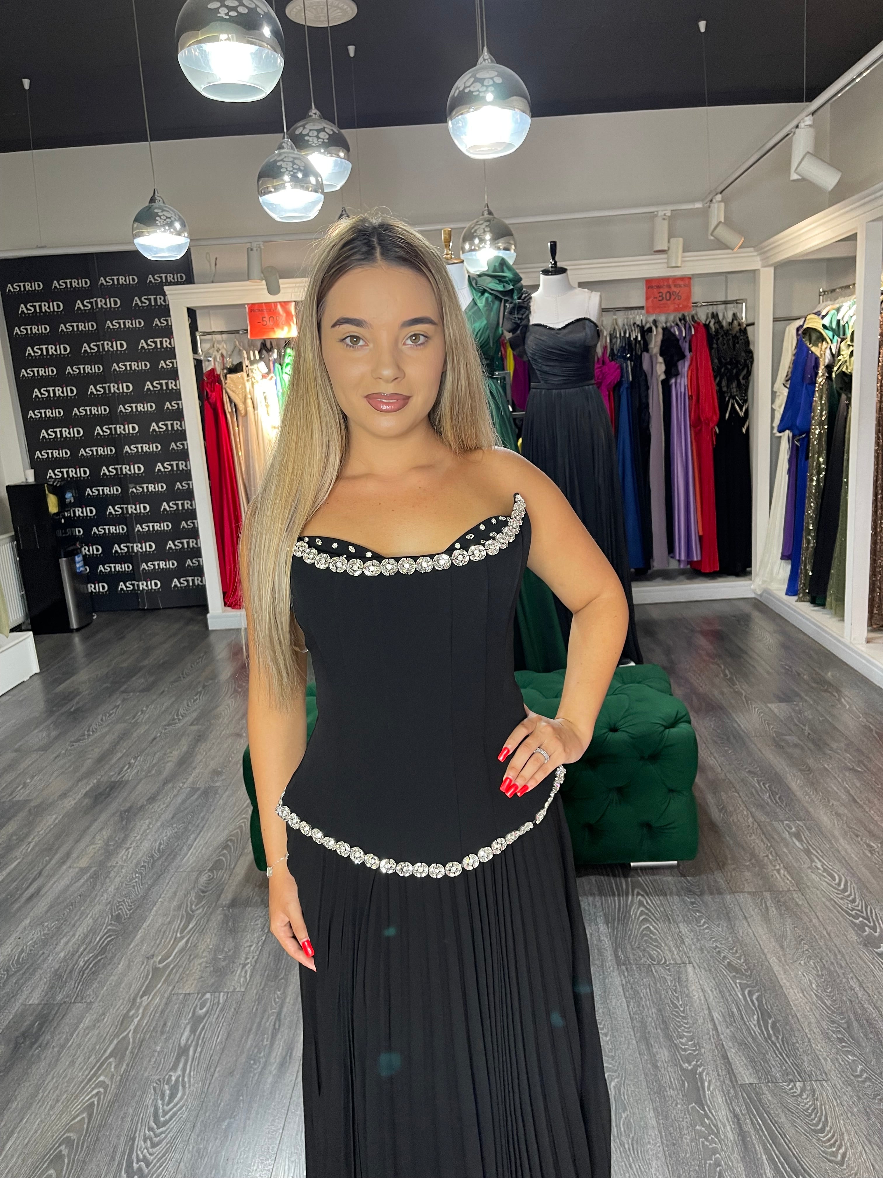 Rochie Catrice lungă plisată aplicații pietre la bust