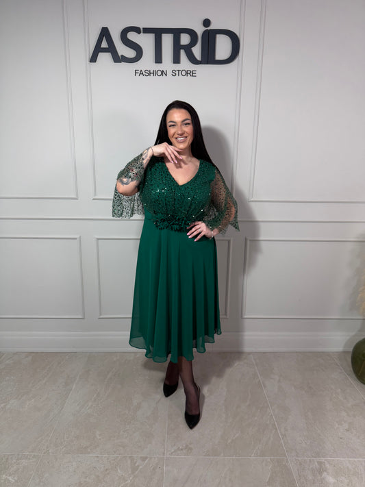 Rochie Zatara midi din satin cu dantele ăla bust și mânecă fluture