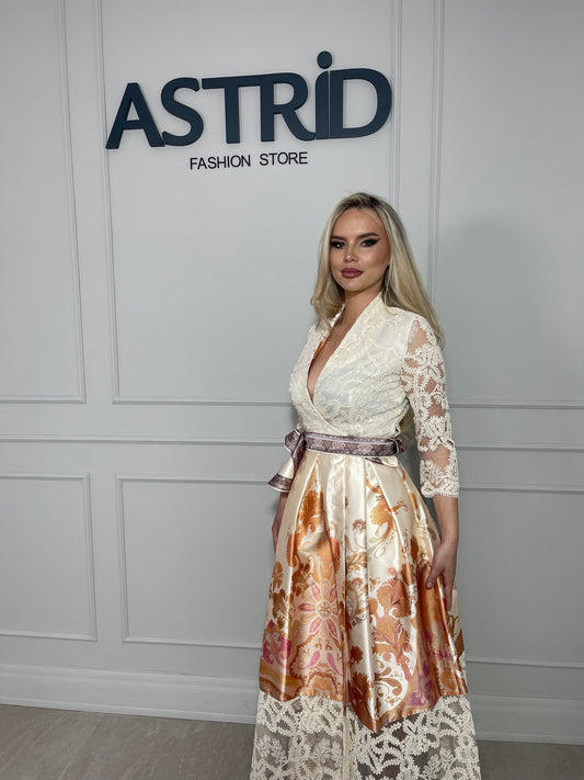 Rochie Mira midi elegantă, cu imprimeu tip dantelă și croiala feminină, ce evidențiază silueta.