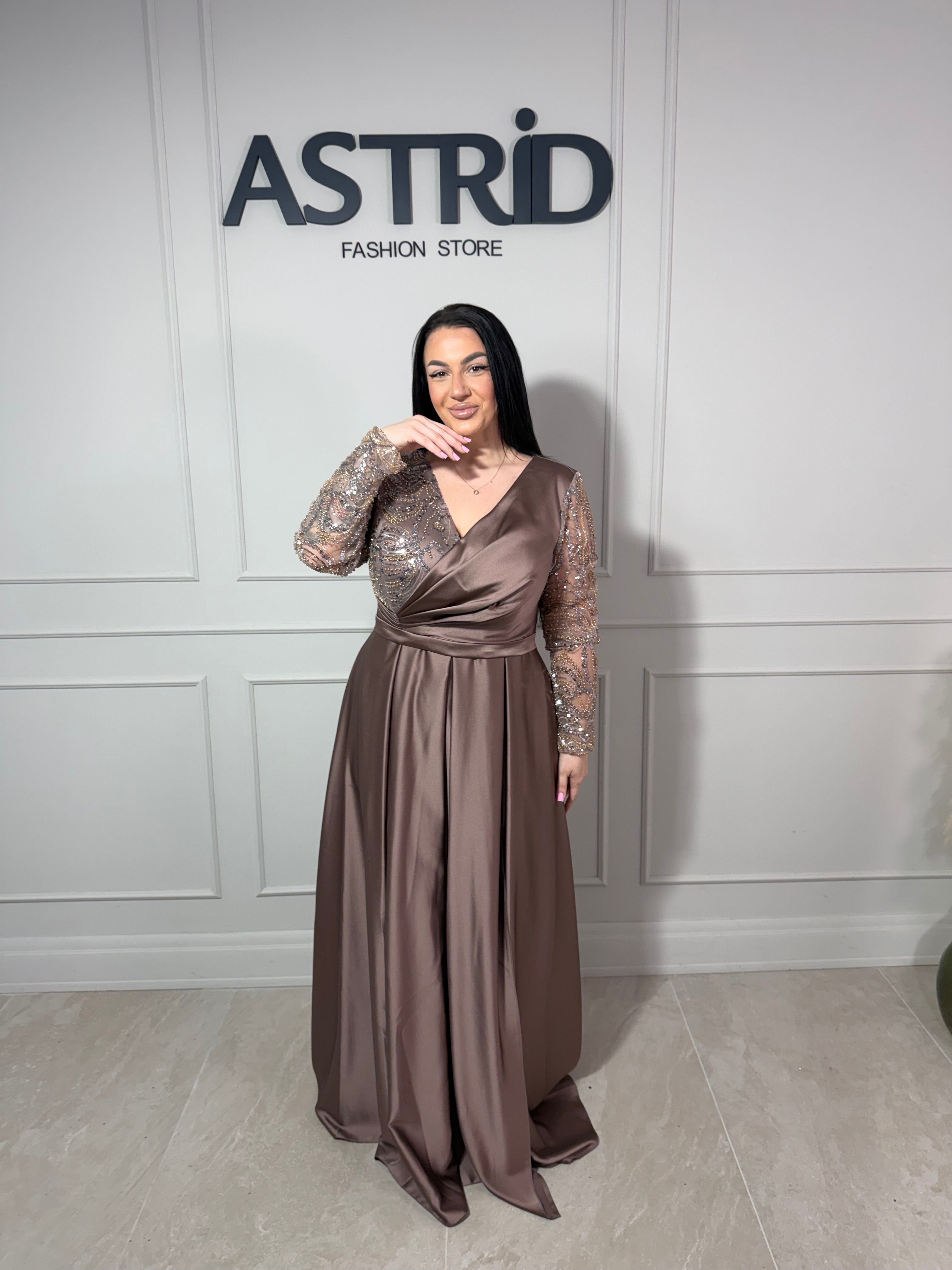 Rochie Zatara lungă din satin mânecă lungă și paiete la bust
