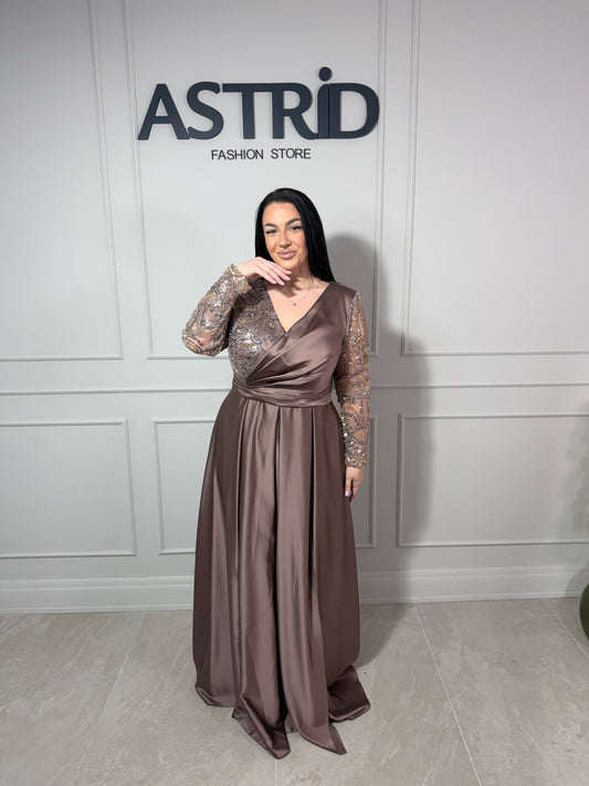 Rochie Zatara lungă din satin mânecă lungă și paiete la bust