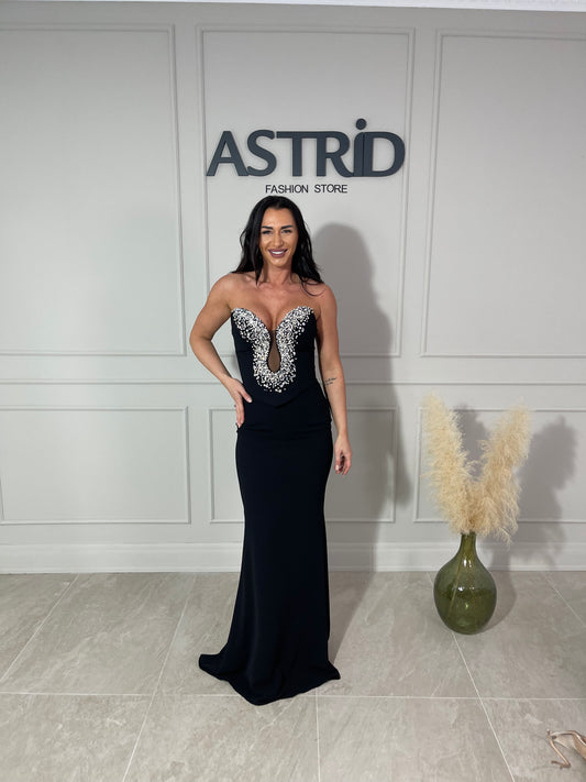 Rochie Melissa lungă neagră cu capa detașabilă și aplicații pietre bust