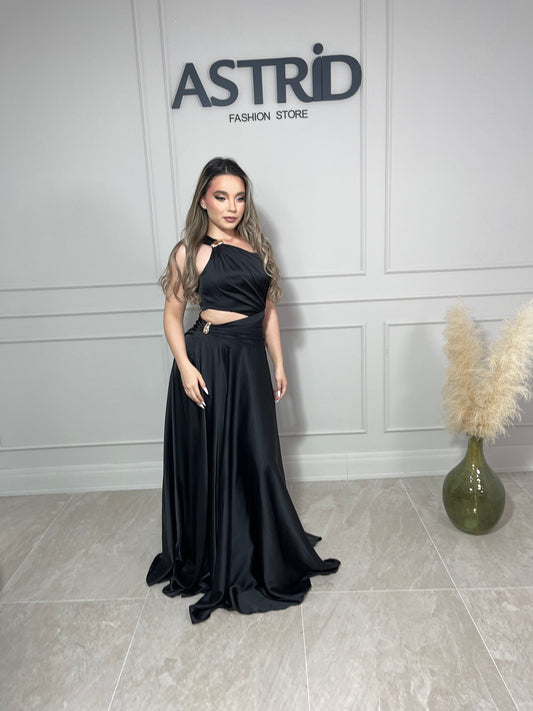 Rochie Wendy lungă din satin pe un umăr decupaj talie și accesoriu auriu