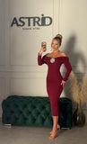Rochie Dalma midi cu maneci tip barcuta si brosa la bust